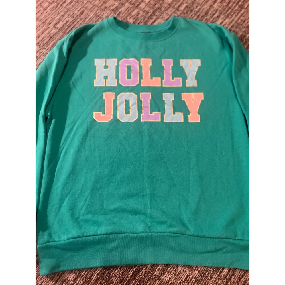 Holly Jolly Christmas Sweatshirt Green Glitter Graphic Pullover Medium
